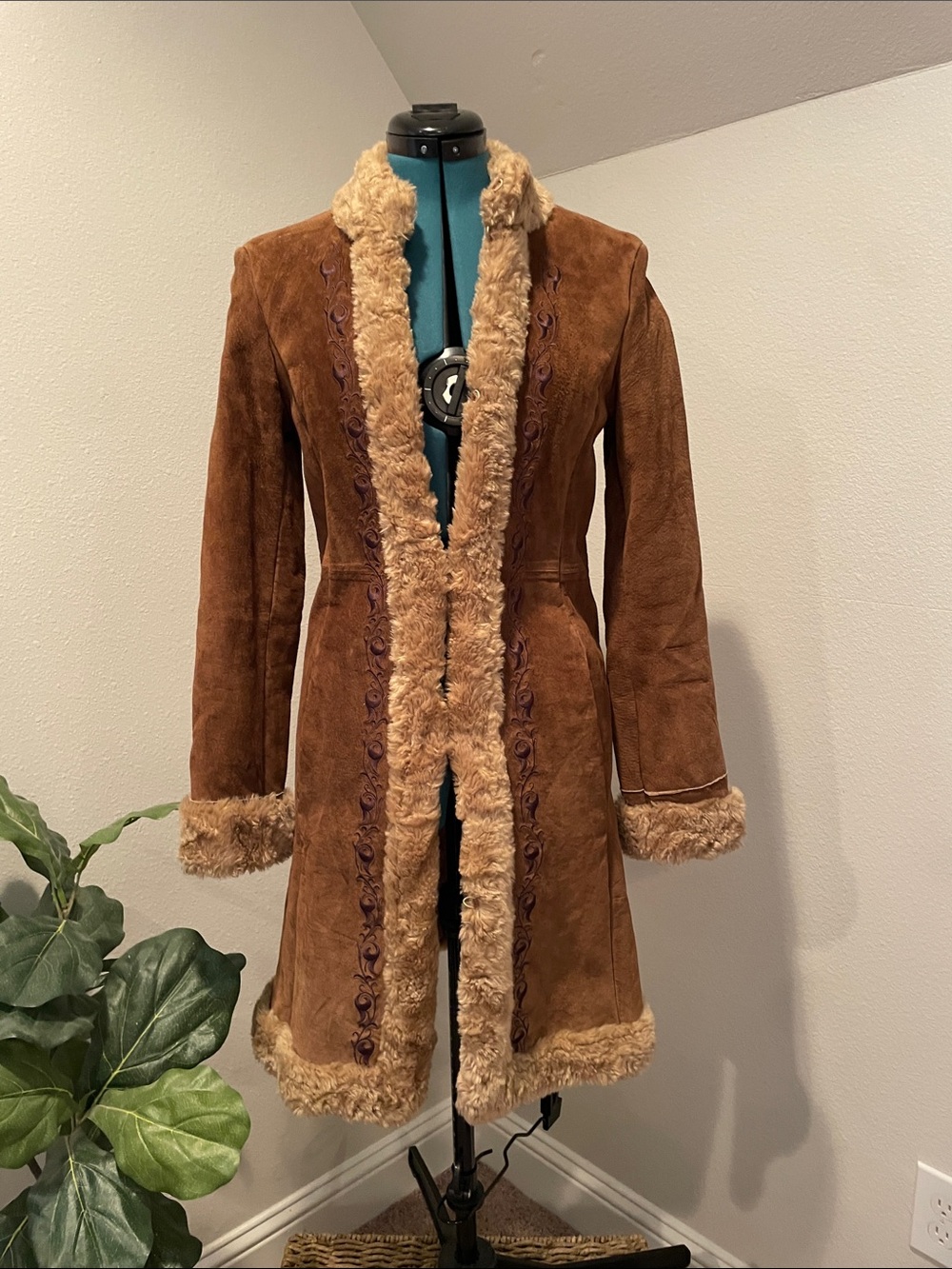 Guess Chestnut Brown Suede Faux Shearling-Trim Jacket